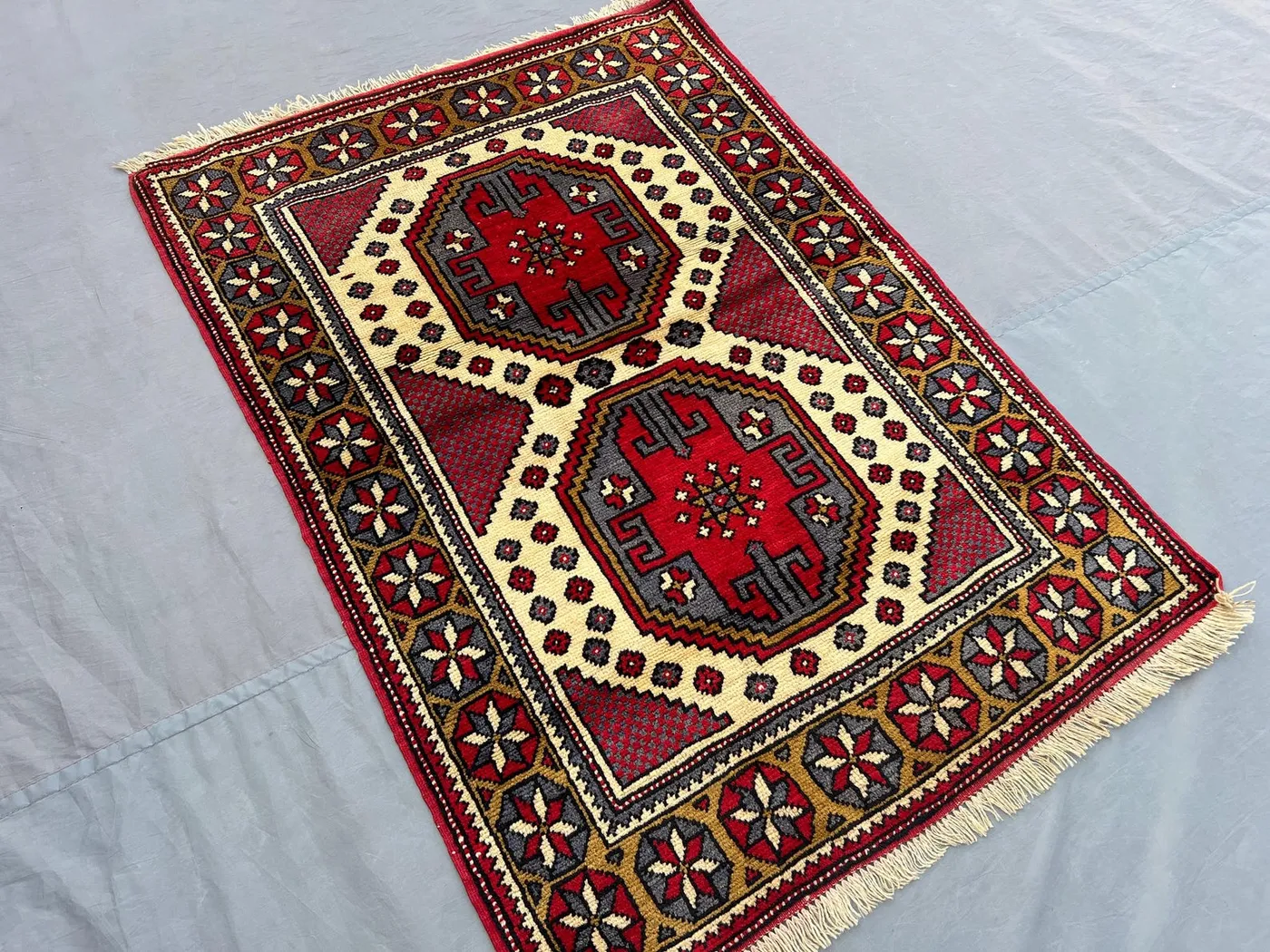 3x4 ft Vintage Afghan Hand Knotted Tribal Wool Rug, Caucasian Kazak Design, Red Ivory Geometric Carpet, Oriental Small Area Rug, Kids Rug