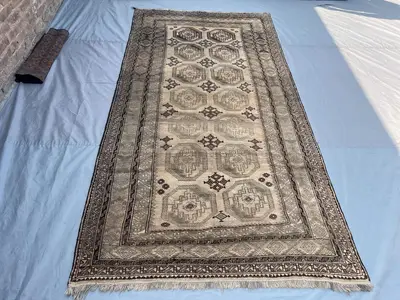 5 x 10 Afghan Hand Knotted Vintage, Bokhara Design Rug Soft Pile Distressed Terracotta Gray Beige | living roo