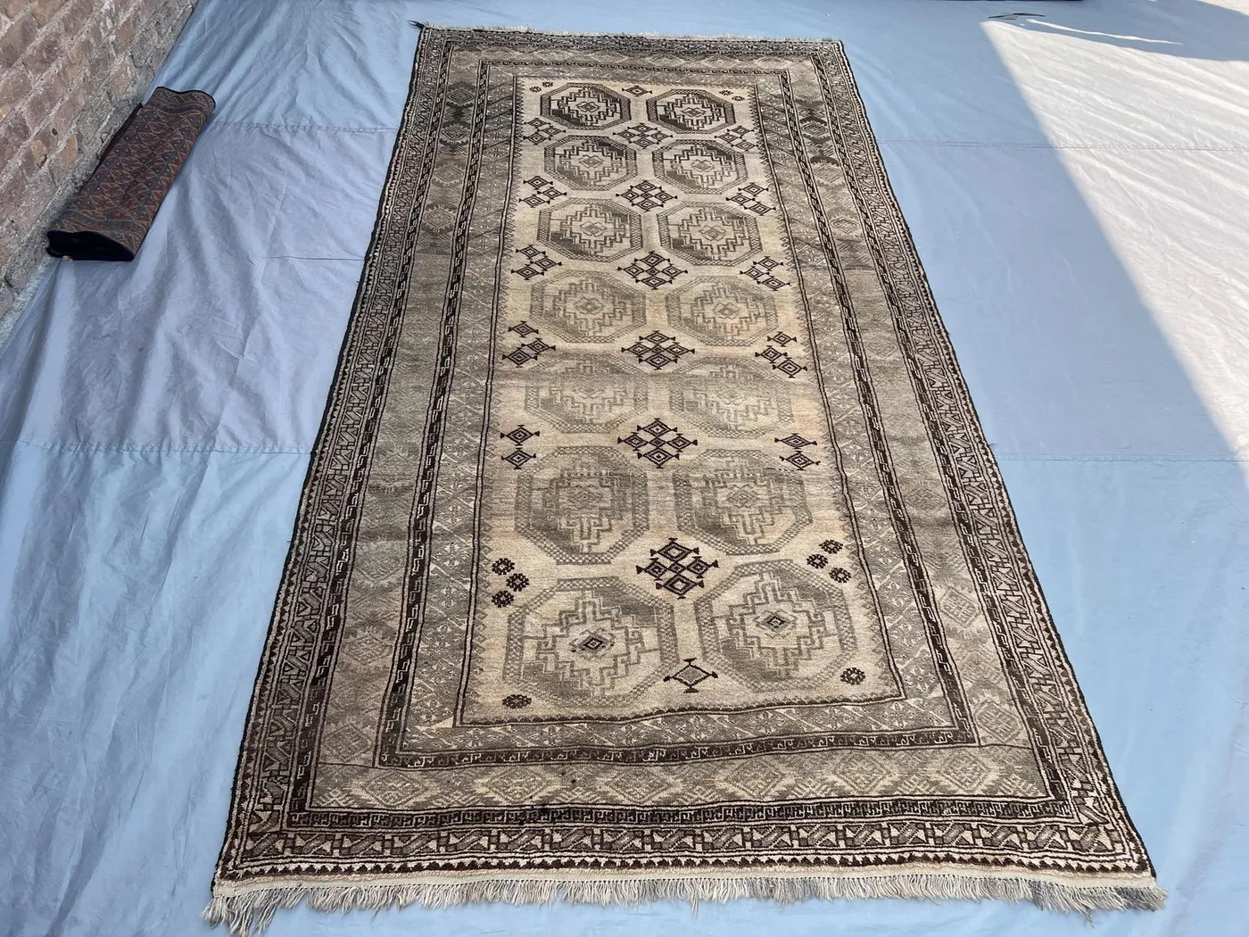 5 x 10 Afghan Hand Knotted Vintage, Bokhara Design Rug Soft Pile Distressed Terracotta Gray Beige | living room, bedroom, kitchen decor rug
