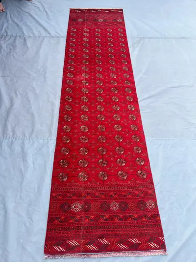 3 x 10 ft Afghan Hand Knotted Vintage Runner Rug Tekke Ersari Design Distressed Red Wool Long Hallway | for en