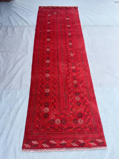 3x10 Afghan hand knotted vintage Turkoman Ersari runner rug, red tribal geometric design, unique one of a kind