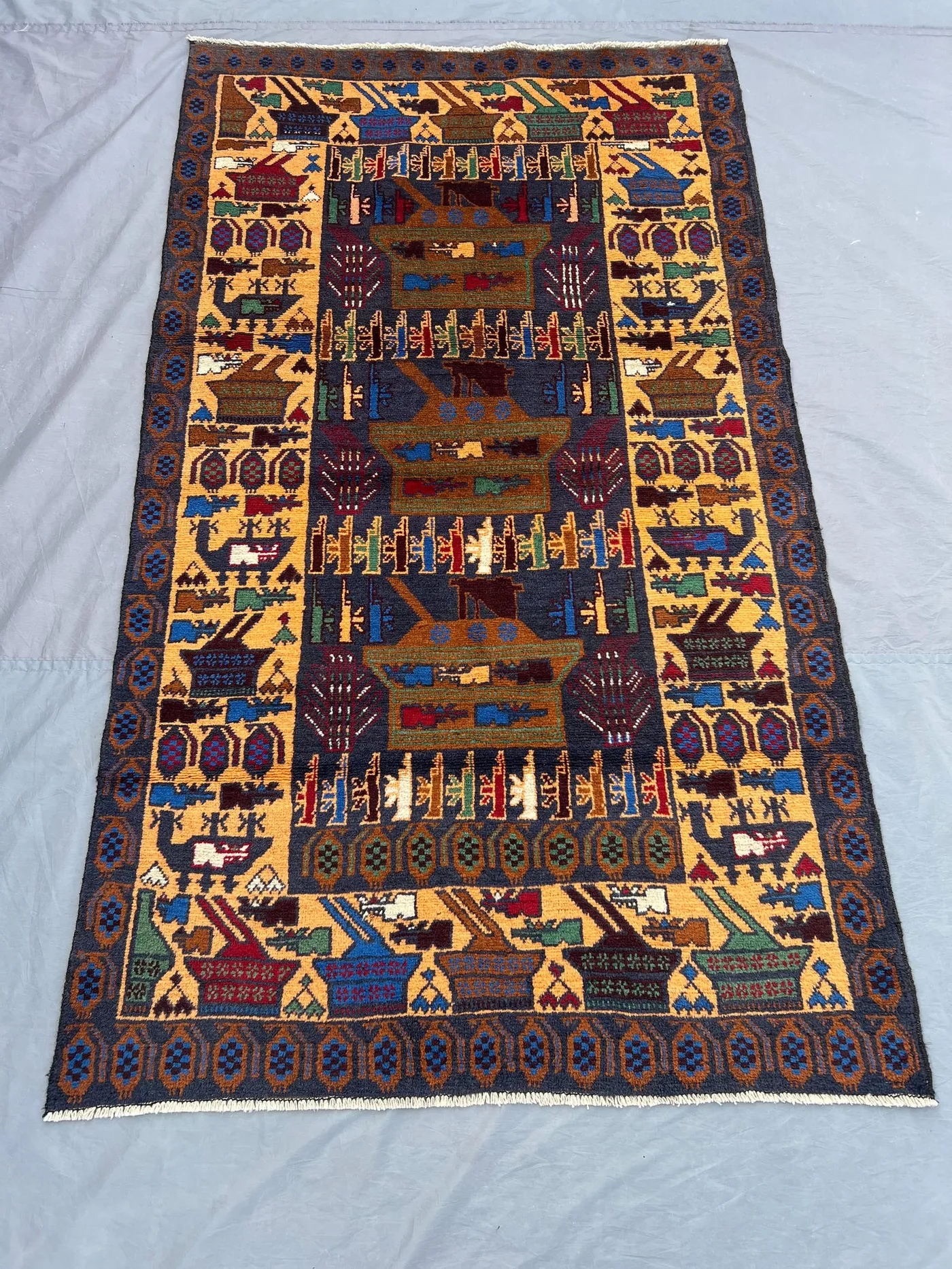 Afghan Pictorial War Rug | 4 x 7 Hand-Knotted Wool rug | Vintage Baluchi Tribal Design | Soft Pile Collectible Area Decor wall hanging decor