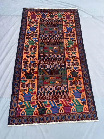 Afghan Pictorial War Rug | 3x6 Hand-Knotted Wool rug | Vintage Baluchi Tribal Art Design | Soft Pile Collectib