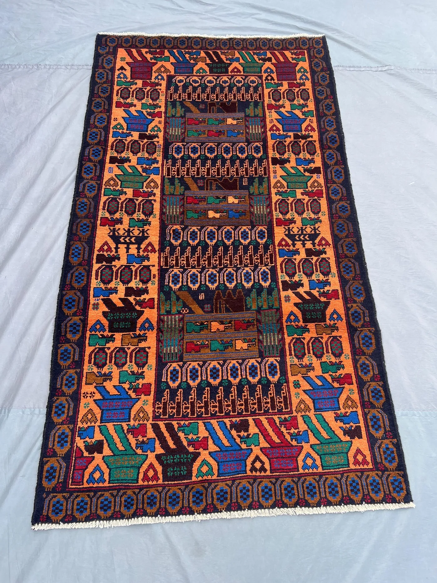 Afghan Pictorial War Rug | 3x6 Hand-Knotted Wool rug | Vintage Baluchi Tribal Art Design | Soft Pile Collectible Decor bedroom & kitchen rug
