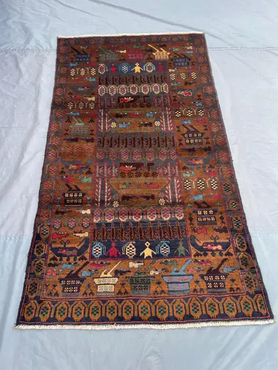 4 x 7 Afghan Hand Knotted Vintage Pictorial War Rug Balochi Design Rare One of a Kind Top Quality Home Decor |