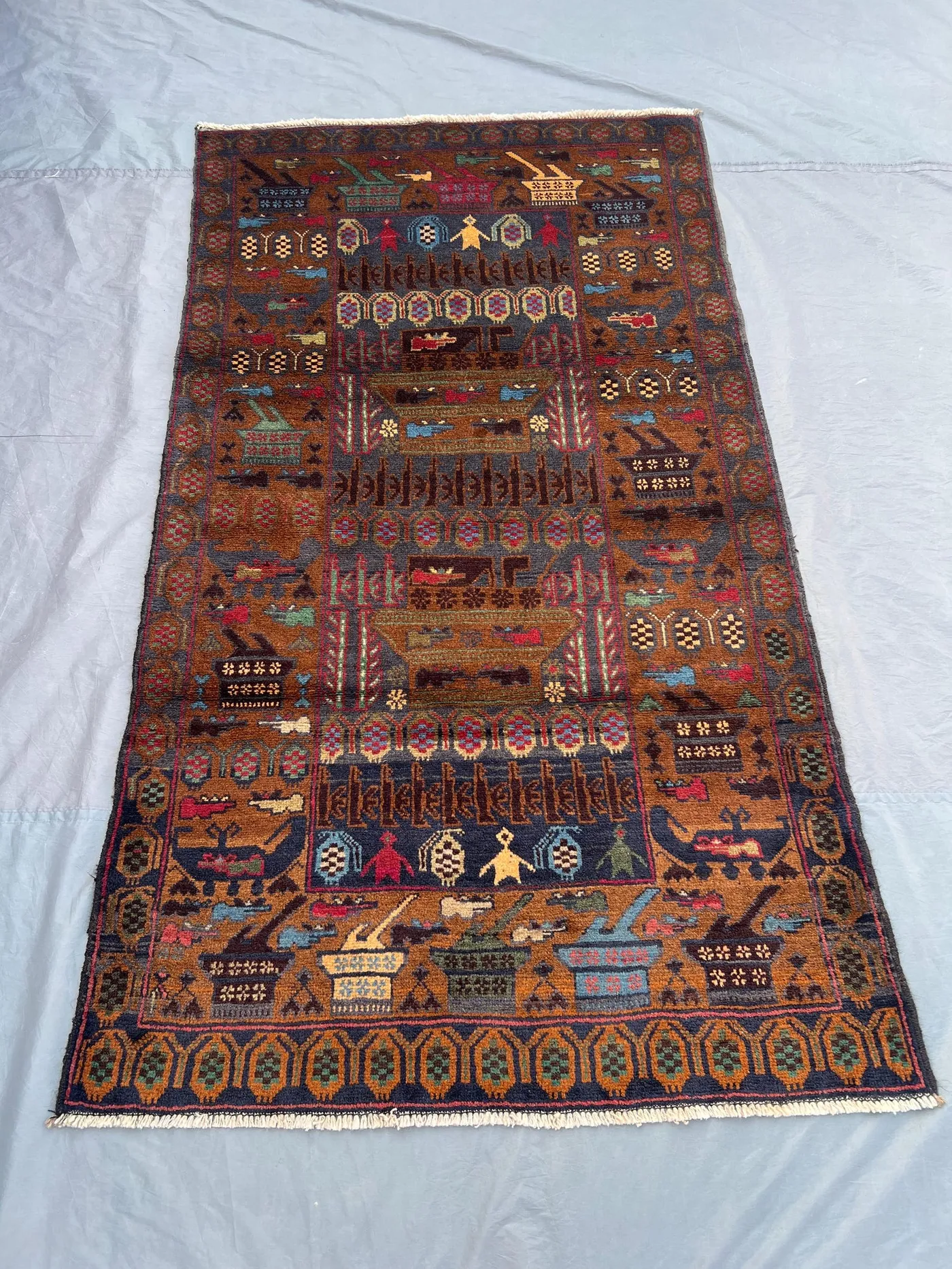 4 x 7 Afghan Hand Knotted Vintage Pictorial War Rug Balochi Design Rare One of a Kind Top Quality Home Decor | living room & home boho decor