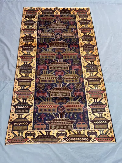 4 x 7 ft Afghan hand knotted vintage pictorial war rug Balochi design soft pile rare tribal rug unique orienta