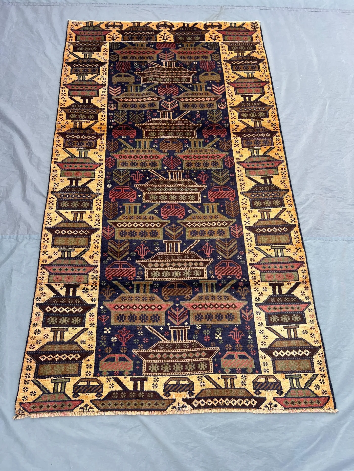 4 x 7 ft Afghan hand knotted vintage pictorial war rug Balochi design soft pile rare tribal rug unique oriental home decor | living room rug