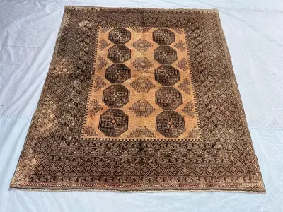5 x 6 ft Afghan hand knotted vintage rug terracotta faded Turkoman Bokhara elephant foot design rare soft pile
