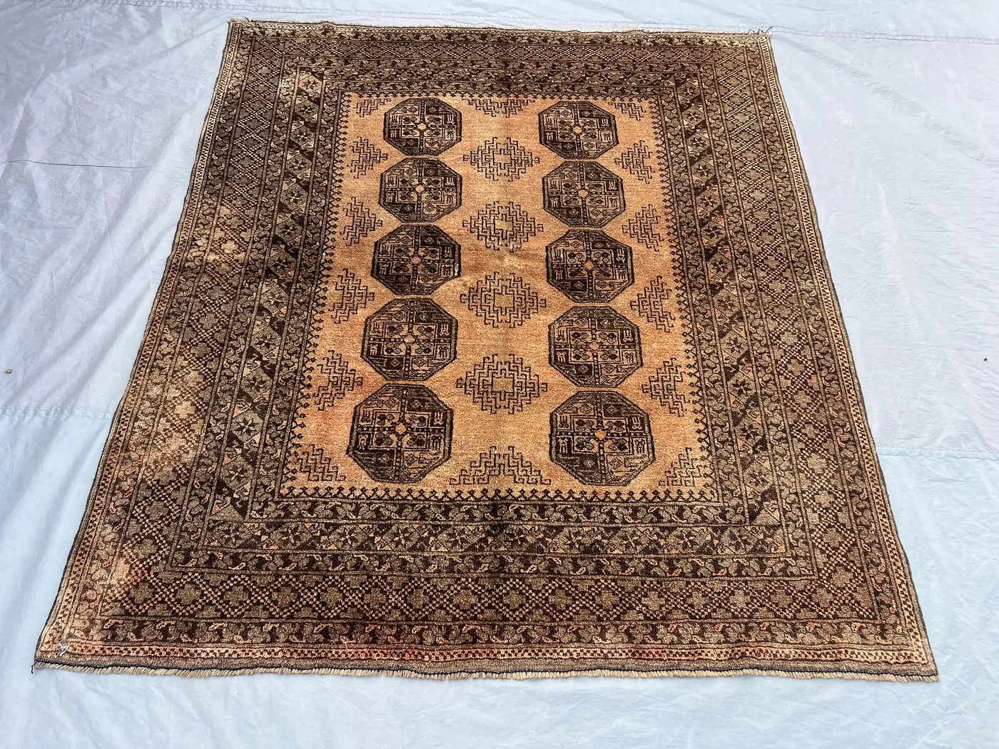 5 x 6 ft Afghan hand knotted vintage rug terracotta faded Turkoman Bokhara elephant foot design rare soft pile rug | living room decor rug