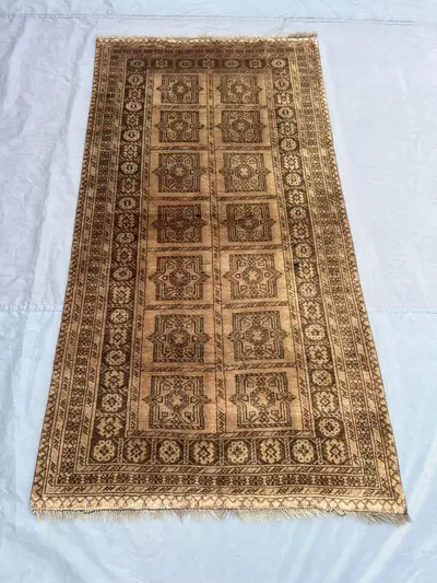 3 x 6 ft Afghan vintage hand knotted rug soft pile faded terracotta Bokhara design rare Turkoman rug one of a 