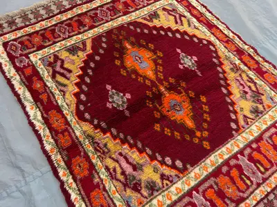 3'4 x 4'4 ft Vintage Turkish Hand Knotted Rug | Rare Geometric Medallion Design | Warm Red & Orange Colors | B
