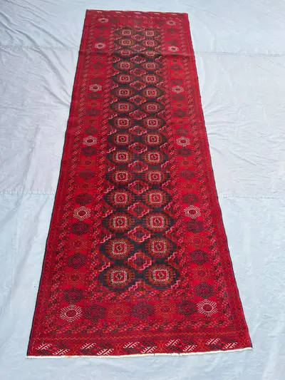 3'3 x 9'9 Vintage Turkmen Ersari Runner Rug | Hand Knotted Wool Carpet | Tribal Geometric Pattern | Red Bohemi