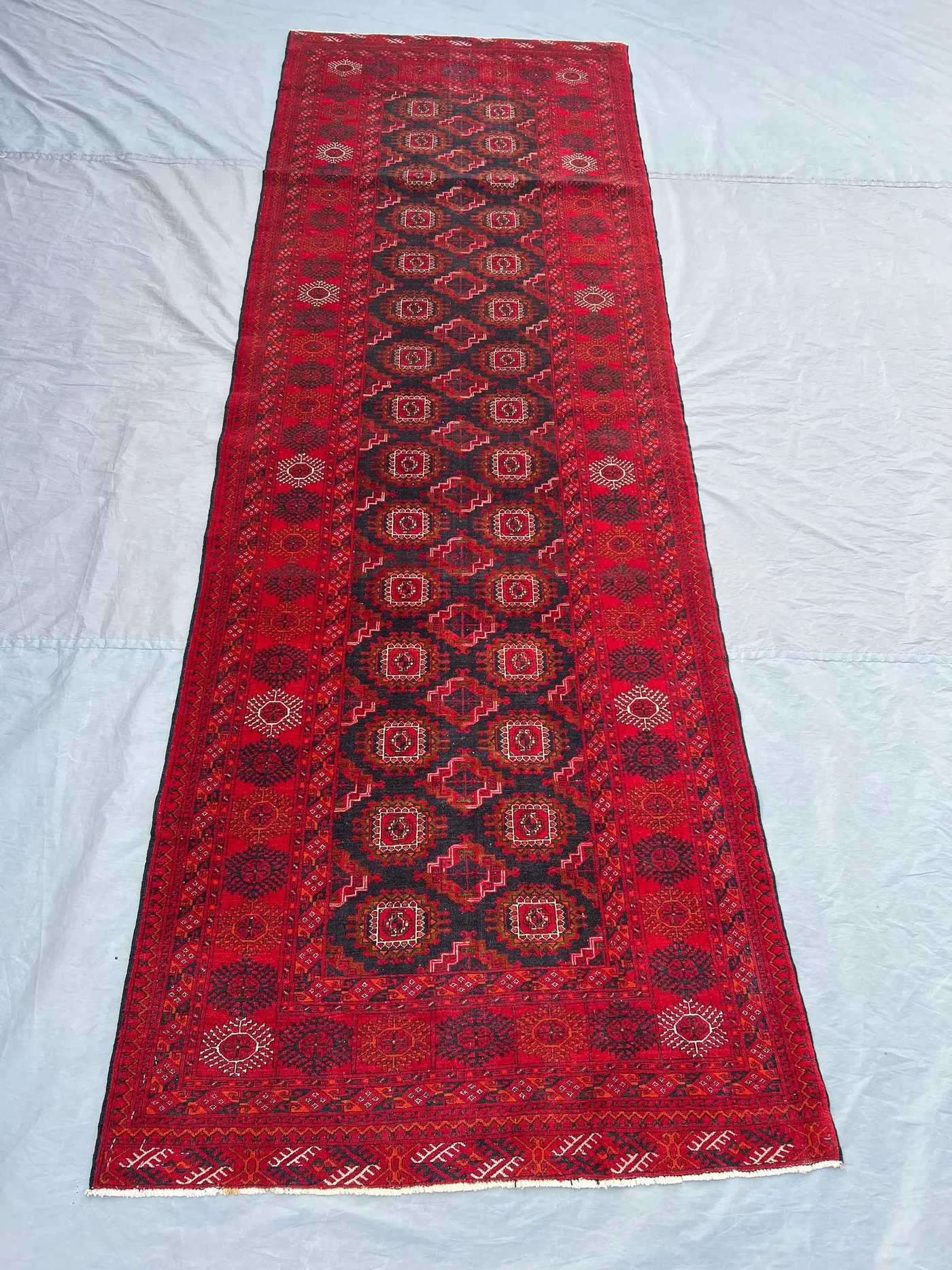3'3 x 9'9 Vintage Turkmen Ersari Runner Rug | Hand Knotted Wool Carpet | Tribal Geometric Pattern | Red Bohemian Hallway Decor, Entryway Rug