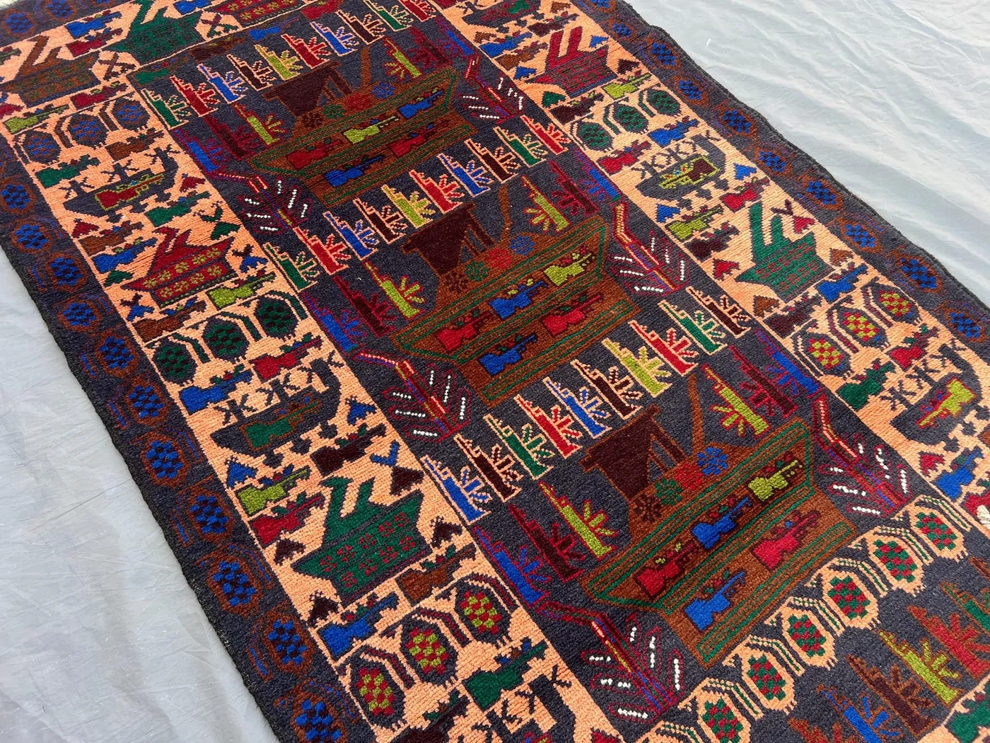 4 x 6'9 ft Vintage Afghan Baluchi War Rug | Hand Knotted Wool Carpet | Tribal Pictorial Design, Colorful One-of-a-Kind Boho Decor Office Rug