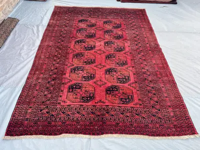 7x9 ft Afghan Hand Knotted Vintage Turkoman Bokhara Rug Red Black Rare Soft Pile Oriental Wool Carpet One of a