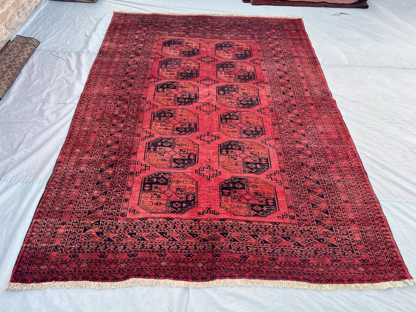 7x9 ft Afghan Hand Knotted Vintage Turkoman Bokhara Rug Red Black Rare Soft Pile Oriental Wool Carpet One of a Kind | living room decor rug