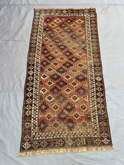 3 x 6 ft Afghan Hand Knotted Vintage Turkoman Ersari Rug Brown Beige Geometric Design Low Pile Distressed Wool