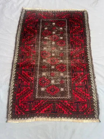 3 x 5 ft Afghan Hand-Knotted Vintage Antique Balochi Rug, Low Pile Distressed One-of-a-Kind, Ancient Design | 