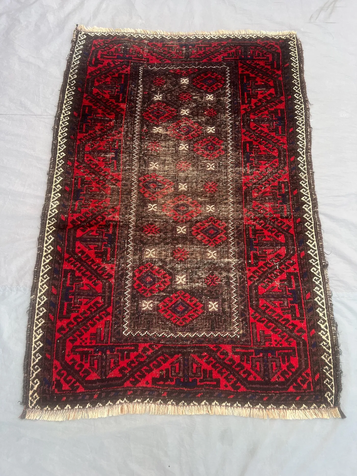 3 x 5 ft Afghan Hand-Knotted Vintage Antique Balochi Rug, Low Pile Distressed One-of-a-Kind, Ancient Design | Bedroom decor rug