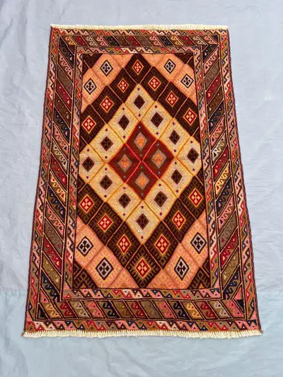 3x4 Afghan Hand Knotted Vintage Sumak Design Tribal Wool rug, Geometric Pattern Oriental Style Unique One of a
