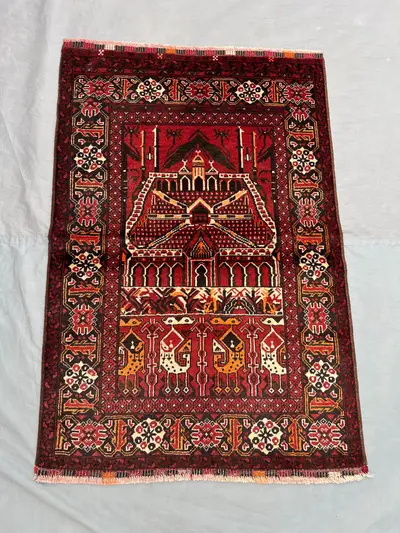 3 x 4 ft Afghan Hand Knotted Vintage Balochi Rug Soft Wool Pile Red Brown Tribal Animal Design One Of A Kind P