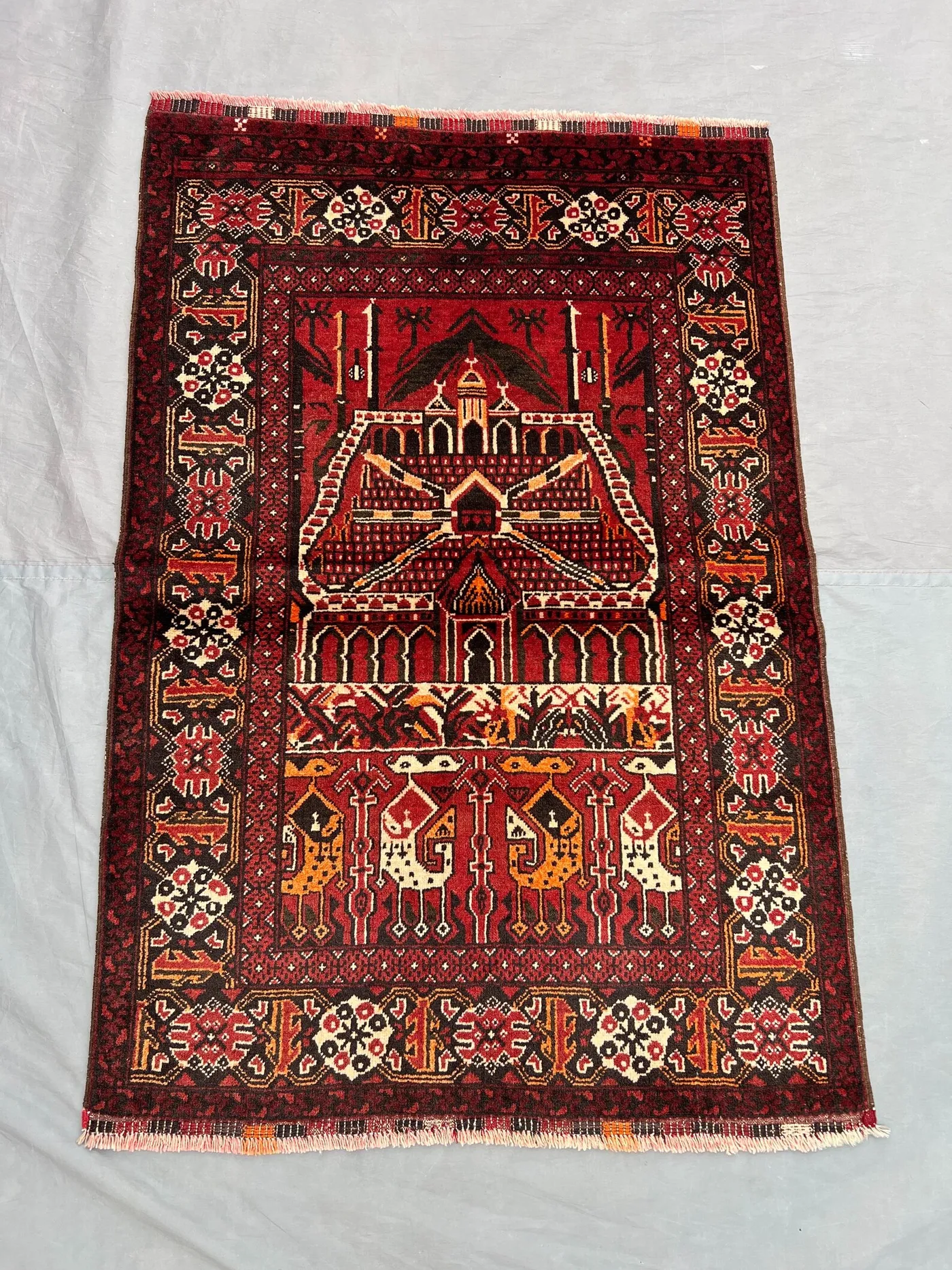 3 x 4 ft Afghan Hand Knotted Vintage Balochi Rug Soft Wool Pile Red Brown Tribal Animal Design One Of A Kind Prayer Rug | Bedroom decor