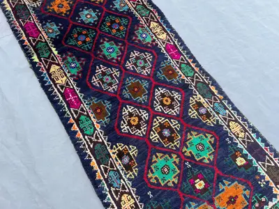 1'8 x 8'3 ft Vintage Afghan Hand Knotted Baluchi Runner Rug, Tribal Wool Carpet Narrow Corridor Rug, Geometric