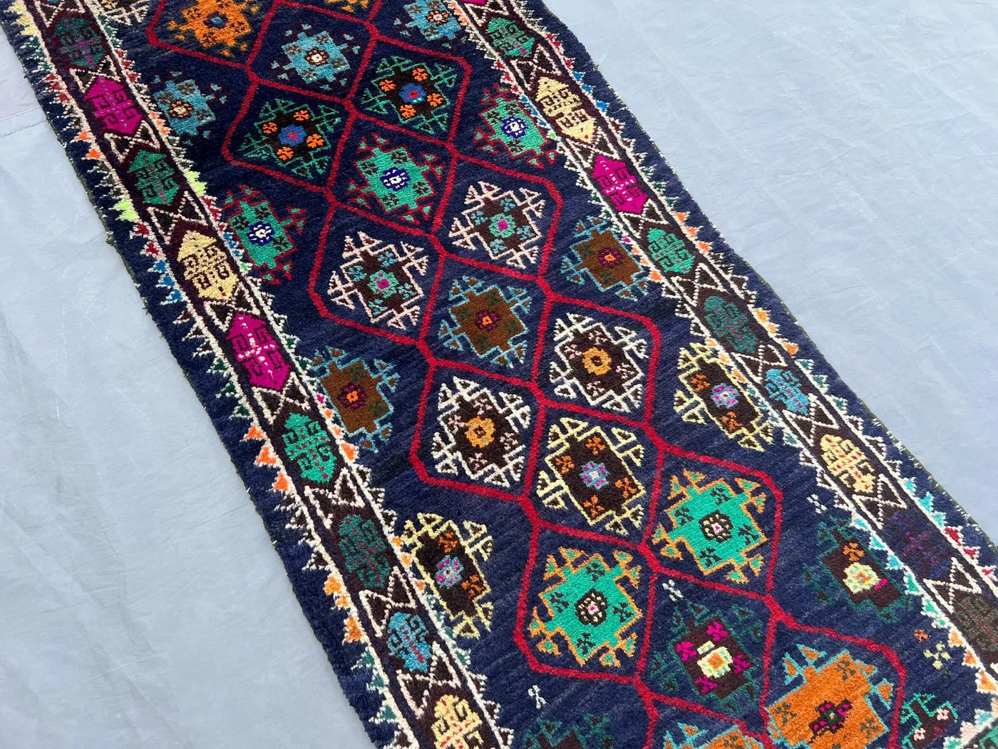 1'8 x 8'3 ft Vintage Afghan Hand Knotted Baluchi Runner Rug, Tribal Wool Carpet Narrow Corridor Rug, Geometric Pattern Hallway Rug, Decor