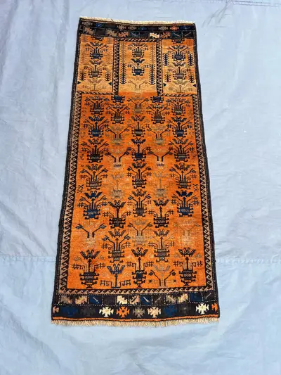 2.2 x 4.11 ft Afghan Hand Knotted Vintage Orange Balochi Rug Faded Tribal Design, Rare One of a Kind Wool rug 