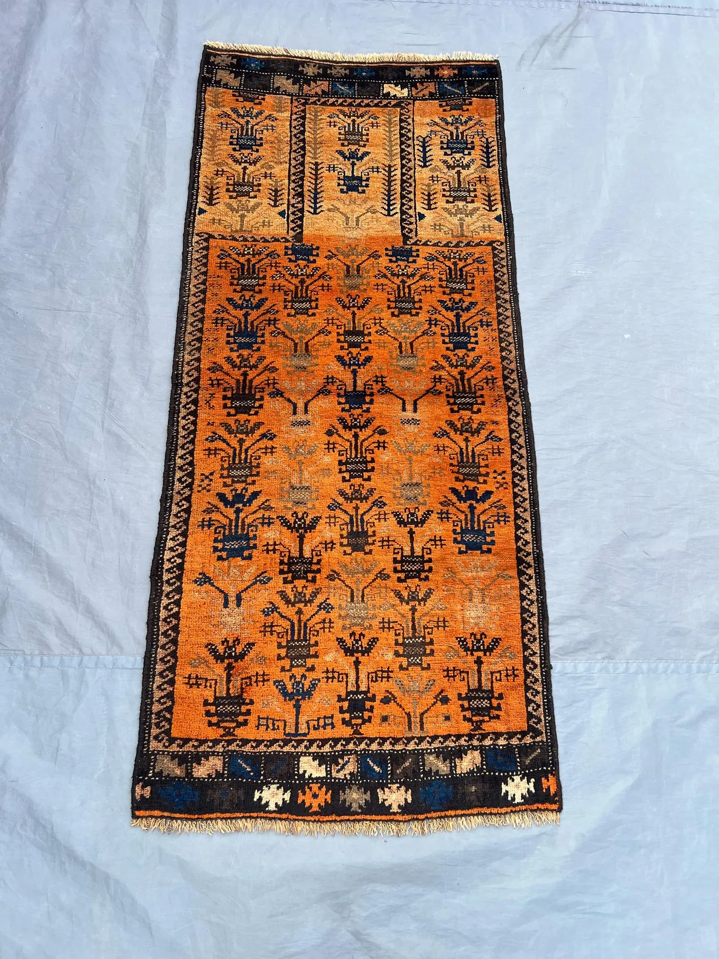 2.2 x 4.11 ft Afghan Hand Knotted Vintage Orange Balochi Rug Faded Tribal Design, Rare One of a Kind Wool rug | living room & farmhouse rug