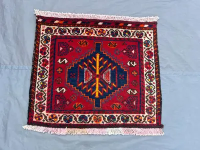 1.10 x 2.2 ft Afghan Hand Knotted Vintage Red Balochi Rug, Tribal Wool Accent Carpet, Rare One of a Kind Small
