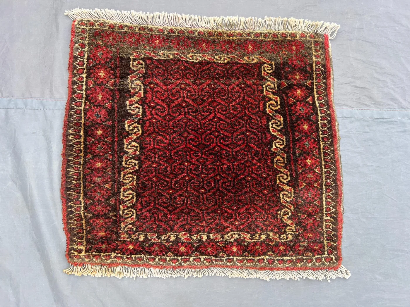 1.6 x 1.8 Afghan Hand Knotted Vintage Red Balochi Rug, Faded Geometric Design, Rare Small Area Rug, One of a Kind Accent rug | farmhouse rug