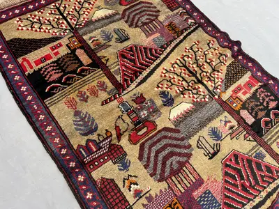 3 x 4'3 ft Afghan Vintage Hand Knotted Pictorial Rug Tribal Wool Carpet Unique Village Scene Oriental Art Area