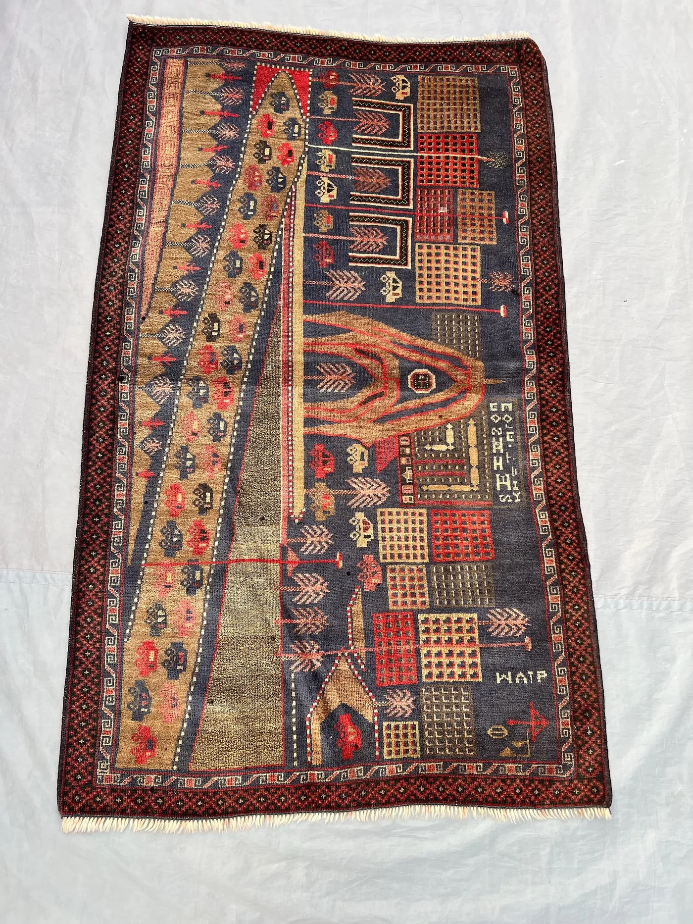 3x5 ft Afghan Hand Knotted Vintage Pictorial Rug Soft Wool Rare Town Scene Balochi Design One Of A Kind Collectible rug | Bedroom decor rug