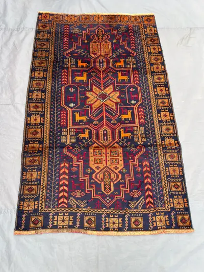 4 x 6 ft Afghan Hand Knotted Vintage Balochi Rug Navy Gold Red Animal Pattern Soft Wool Rare Tribal One Of A K