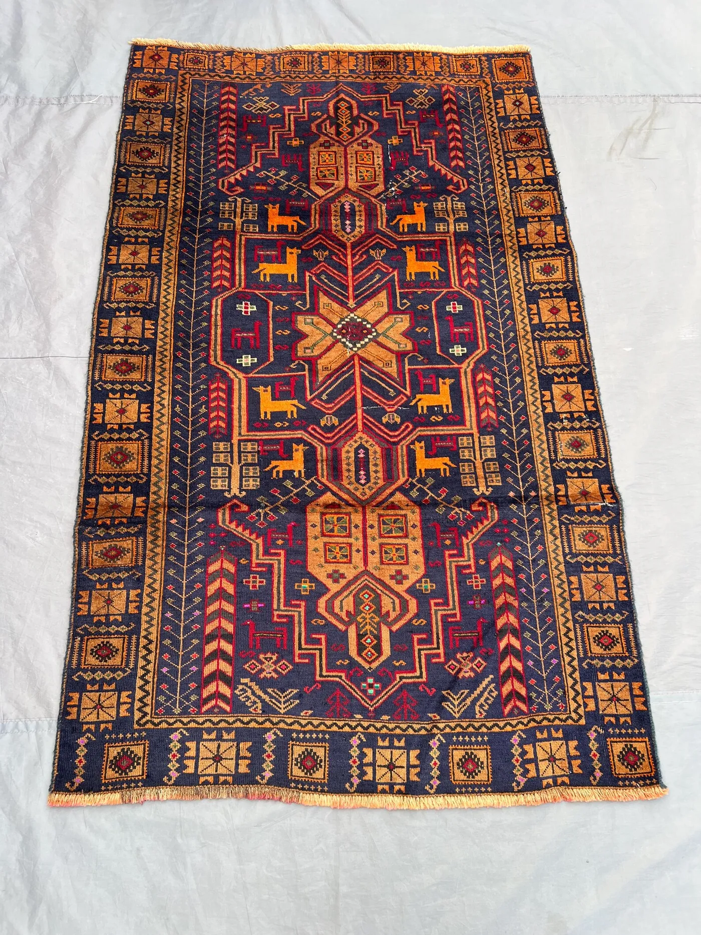 4 x 6 ft Afghan Hand Knotted Vintage Balochi Rug Navy Gold Red Animal Pattern Soft Wool Rare Tribal One Of A Kind Area rug | living room rug