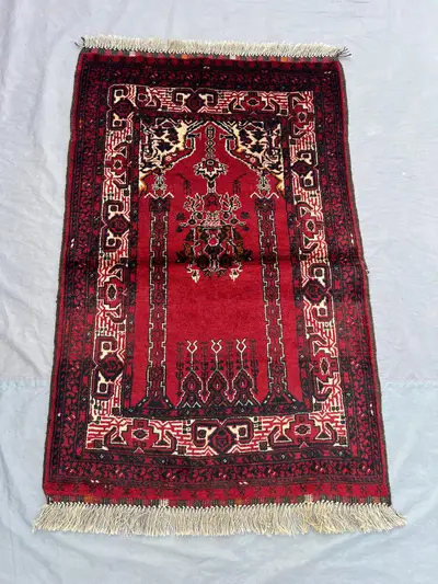 2.9 x 4.5 ft Afghan Hand Knotted Baluchi Design Rug Wool Carpet Vintage Tribal Oriental Prayer Style Red Geome
