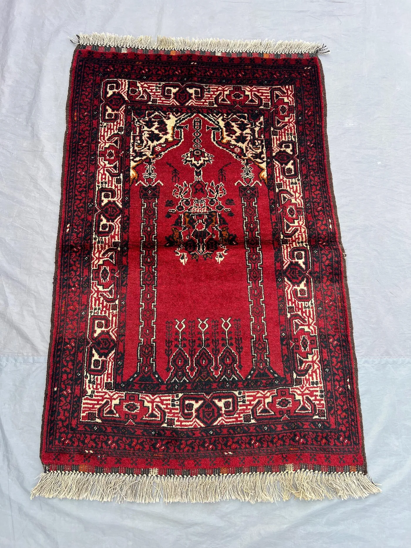 2.9 x 4.5 ft Afghan Hand Knotted Baluchi Design Rug Wool Carpet Vintage Tribal Oriental Prayer Style Red Geometric Pattern Home Decor