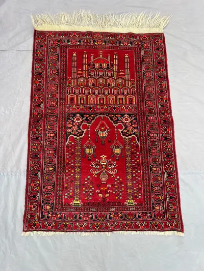 3 x 4 ft Afghan Hand Knotted Vintage Balochi Prayer Rug Red Mosque Design Soft Wool Rare Tribal One Of A Kind 