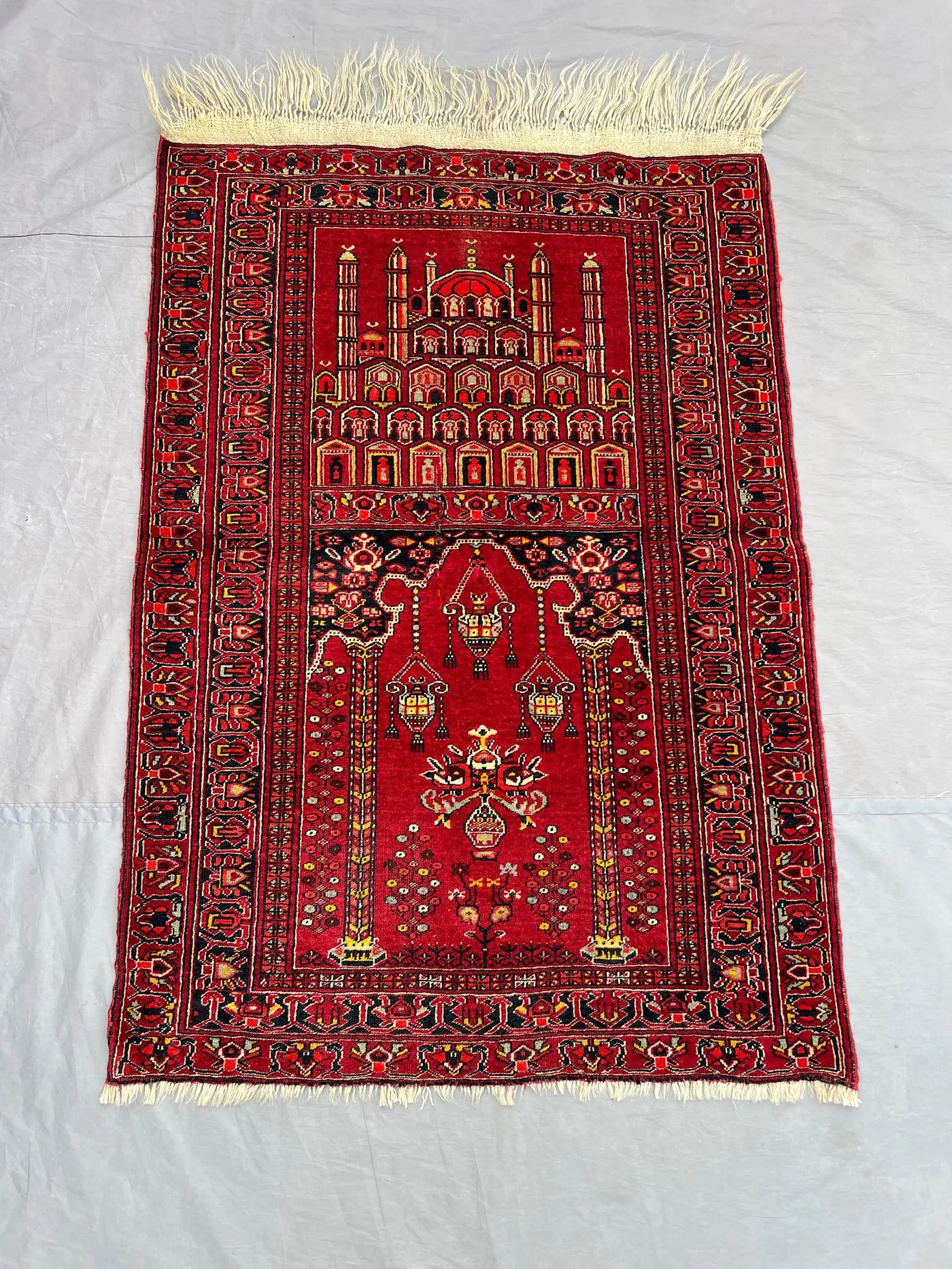 3 x 4 ft Afghan Hand Knotted Vintage Balochi Prayer Rug Red Mosque Design Soft Wool Rare Tribal One Of A Kind Area Rug | Bedroom decor rug
