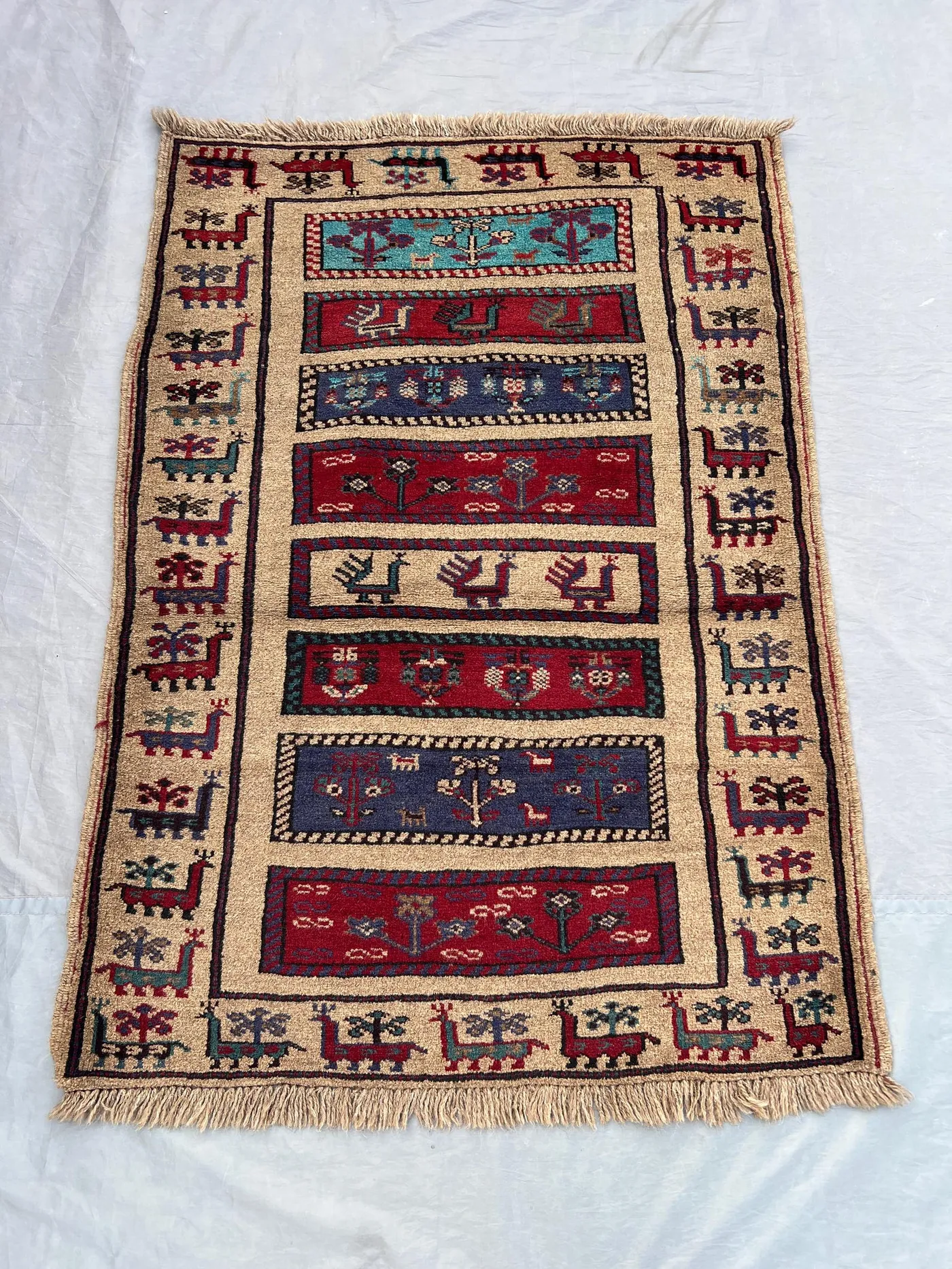 3x4 ft Afghan Hand Knotted Vintage Soft Pile Pictorial Animal Print Balochi Design Rug Unique Traditional Handmade Wool Rug Rare Collectible