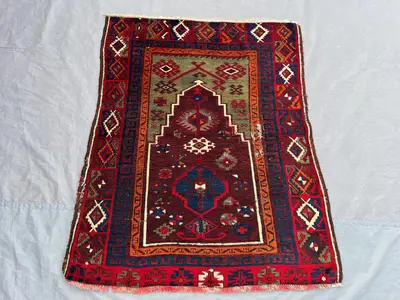 3 x 4 ft Afghan Hand Knotted Vintage Balochi Rug Tribal Red Green Blue Geometric Design Soft Wool One Of A Kin