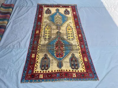 4'2x7'1 Antique Caucasian Design Rug | Distressed Low-Pile Geometric Wool Carpet | Rare 1850s Handmade Area Ru