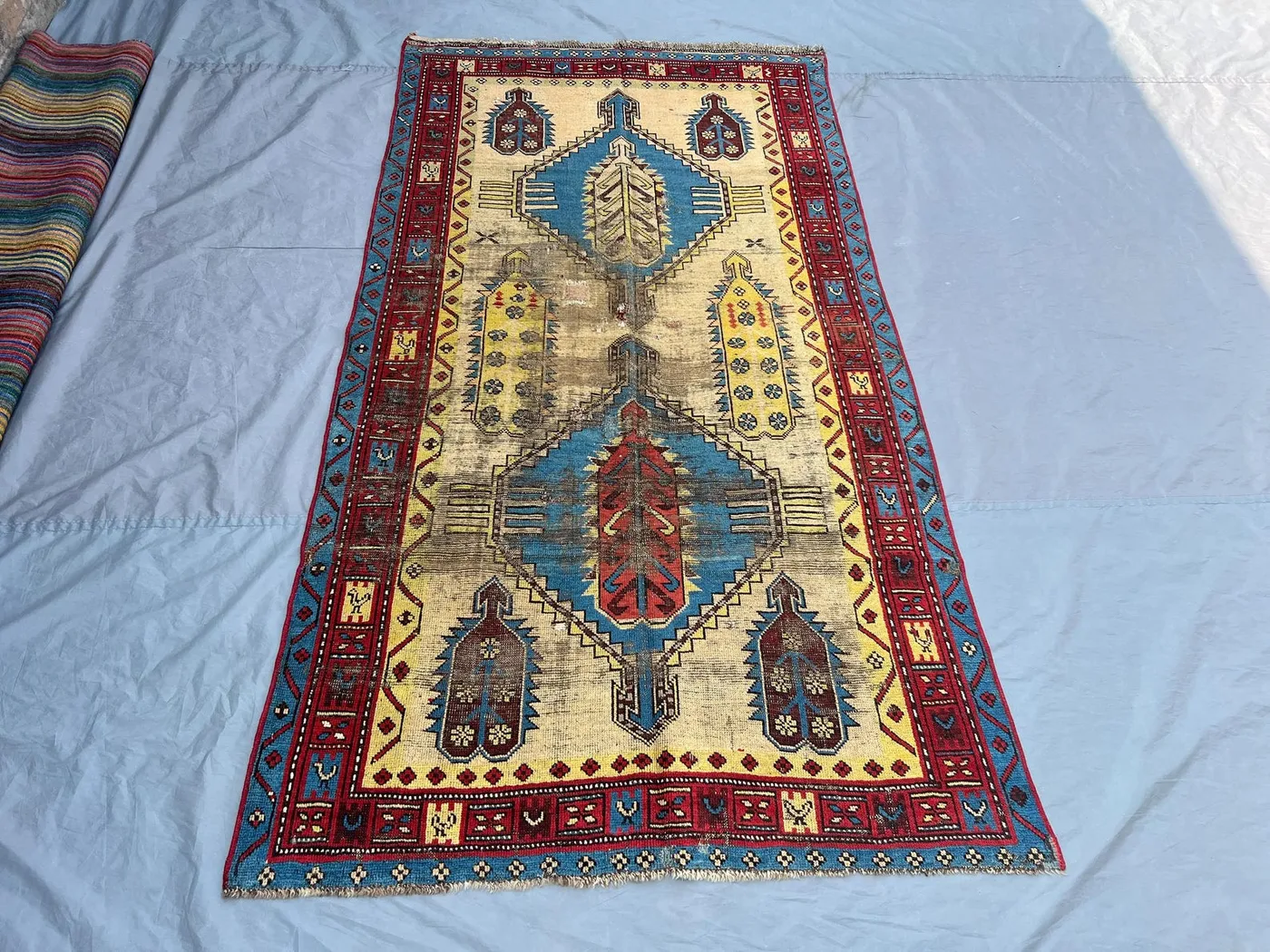 4'2x7'1 Antique Caucasian Design Rug | Distressed Low-Pile Geometric Wool Carpet | Rare 1850s Handmade Area Rug