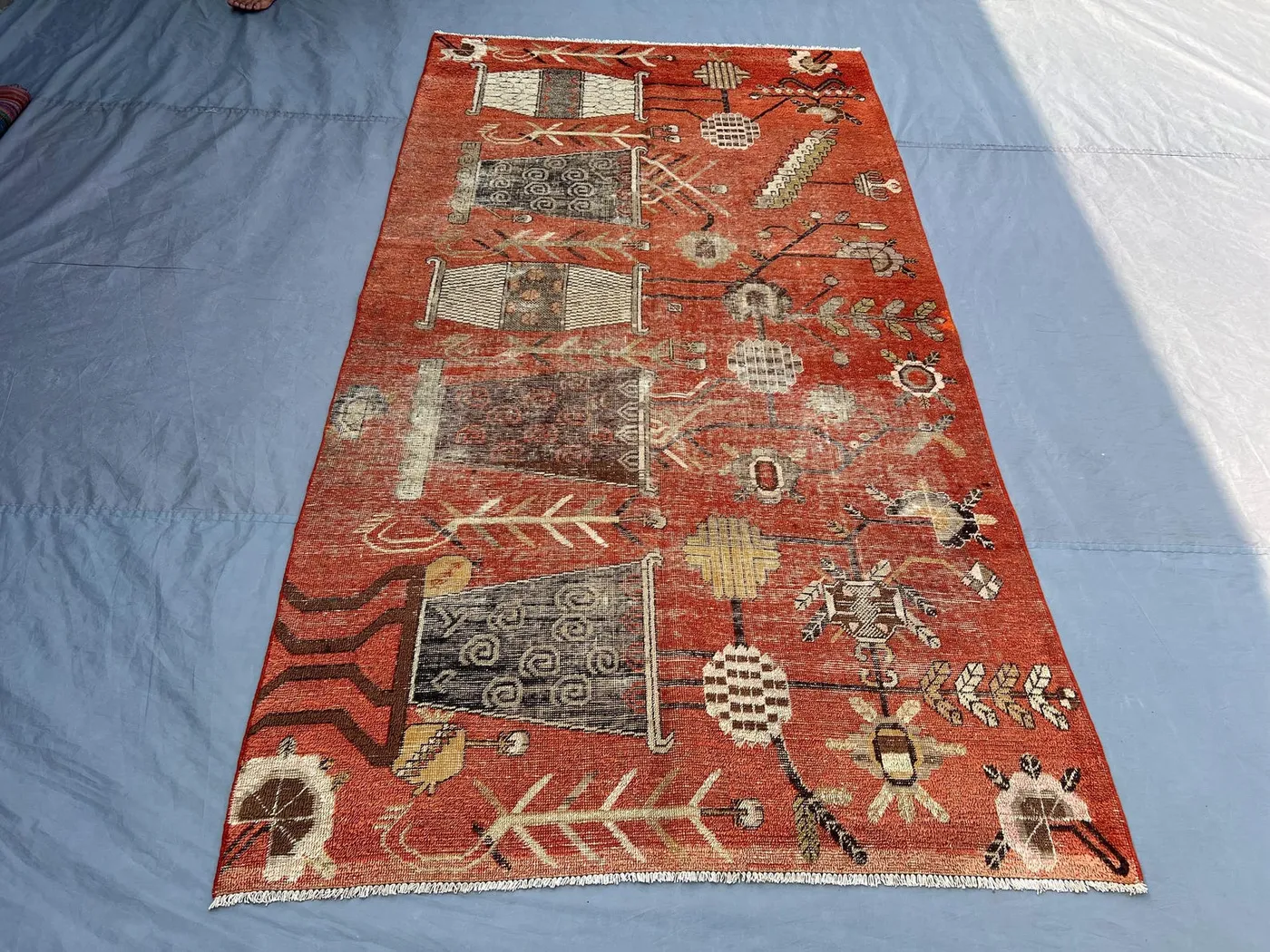 5x9 ft Vintage Turkish Hand Knotted Distressed Rug Low Pile Tribal Geometric Design Authentic Woven rug | living room & farmhouse decor rug