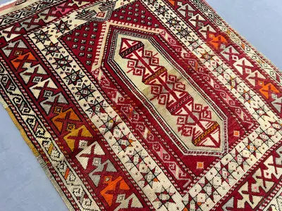 3'4 x 4'6 ft Antique Afghan Baluchi Prayer Rug, Hand Knotted Tribal Oriental Carpet, Rare Vintage Geometric Wo