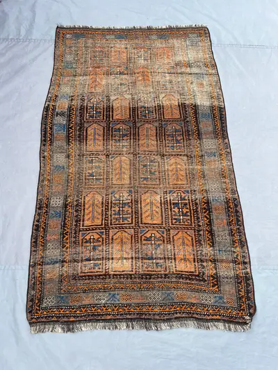 3'5 x 6 ft Antique Afghan Baluchi Rug, 1900s Hand Knotted Wool Carpet, Distressed Faded Tribal Oriental Geomet