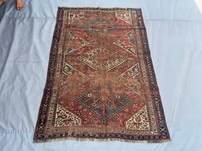 3'10x5'10 Persian-Style Shiraz Design Rug | Hand-Knotted Afghan Wool | Distressed Rust Medallion Antique Rug