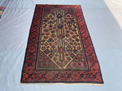 5 x 8 Turkish hand knotted vintage rug, distressed low pile tribal design unique geometric pattern, top qualit